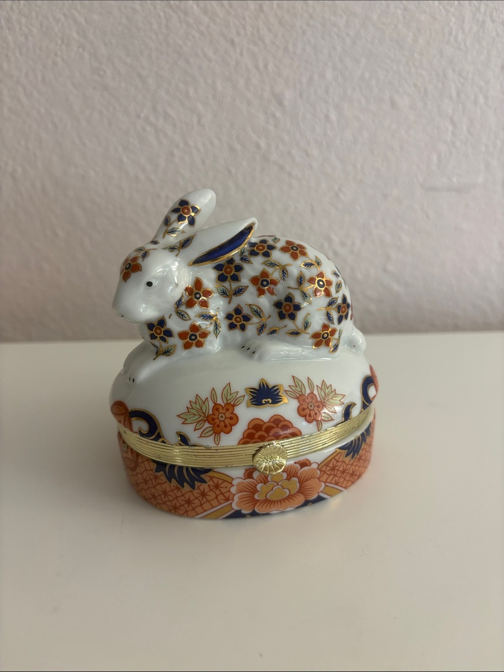 Vintage Andrea by  Sadek  Decorative White and Orange Floral Bunny Trinket Box